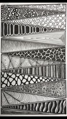 a black and white drawing of different shapes, lines, and dots on paper with ink