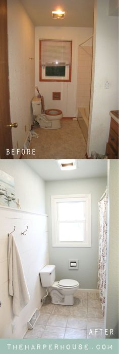 before and after photos of a bathroom remodel with tile flooring, walls painted white