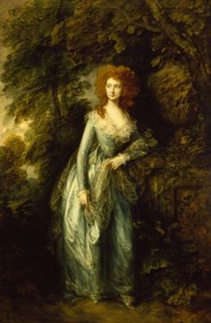 a painting of a woman in a blue dress standing next to a tree with her hands on her hips