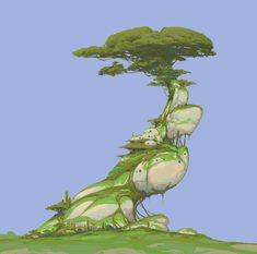 an artistic illustration of a tree growing out of the top of a hill with animals on it