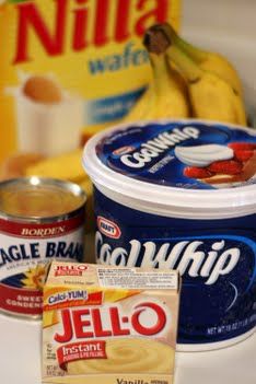 yogurt, jelly and bananas on a counter