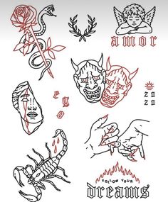 some tattoos on a white sheet with red ink and black ink, including roses and devil's head