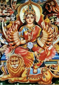 the hindu goddess sitting on top of a lion with her hands in her pockets, surrounded by other animals