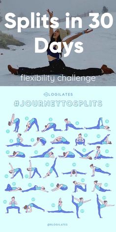 a woman doing yoga poses with the words splits in 30 days flexibility challenge on it