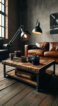 an industrial living room with leather couches and wooden coffee table in front of a large window