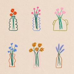 six vases with flowers in them on a beige background, each painted different colors