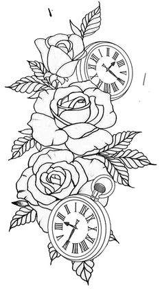 a drawing of roses with clocks on it