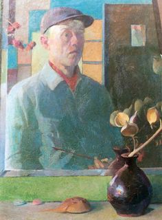 a painting of a man looking at himself in a mirror with flowers in the vase