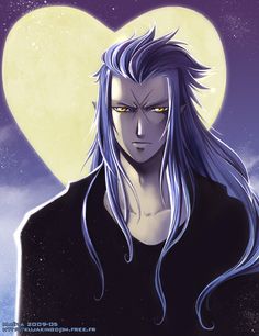 an anime character with long blue hair and yellow eyes in front of a full moon