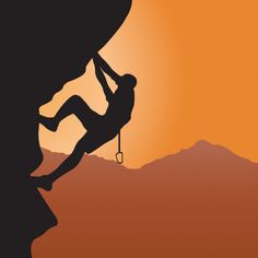 a man climbing up the side of a mountain with an orange sky in the background