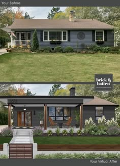 the before and after pictures of a house with landscaping on both sides, and an image of