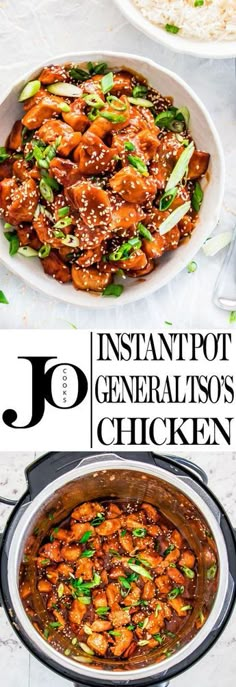 instant pot general tso's chicken recipe is shown in this collage with the words instant pot general tso's chicken