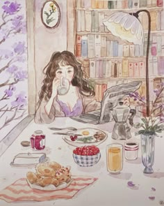 a watercolor painting of a woman sitting at a table with food in front of her