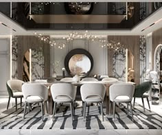 a dining room with white chairs and a round table surrounded by mirrors, lights and chandeliers