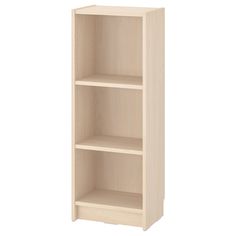 a wooden bookcase with three shelves on each side