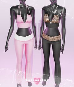 two female mannequins are standing next to each other in front of a pink background