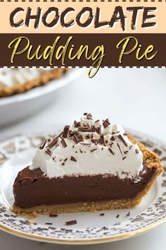 a slice of chocolate pudding pie on a plate with the text overlay above it