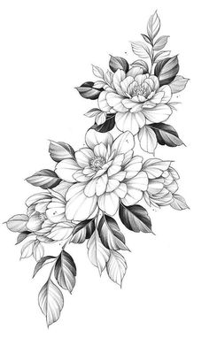 a black and white drawing of flowers with leaves on the bottom half of each flower