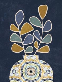 a vase with some plants in it on a blue background and yellow, green, gray and white designs