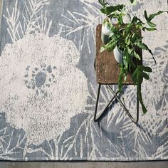 a potted plant sitting on top of a wooden chair in front of a rug