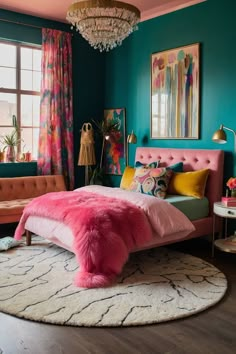 a bedroom with teal walls, pink bedding and rugs on the floor