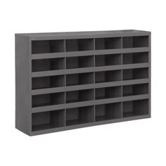 a gray shelf with several compartments on top and one section open to show the contents