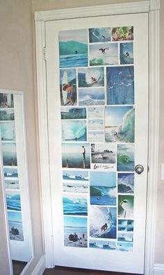 a white door with pictures on the front and side panels that are all over it