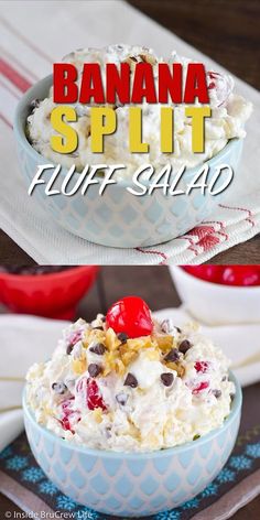 banana split fruit salad in a blue bowl on a white and red napkin with the title above it