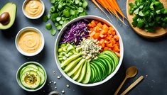 an assortment of vegetables and dips on a table