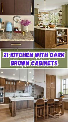 the kitchen with dark brown cabinets is shown in four different pictures, including an island and sink