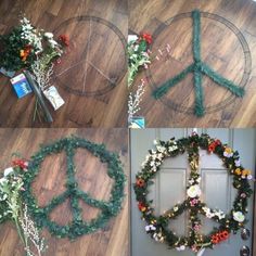 the peace sign is made out of fake flowers and other things that are on the floor