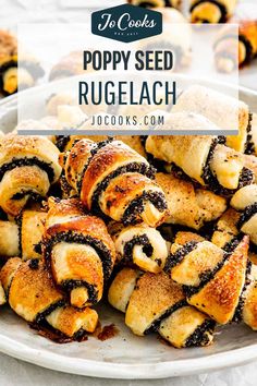 poppy seed rugelach on a plate with text overlay that reads poppy seed rugelach