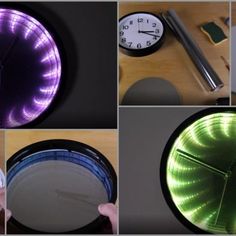 several pictures of different types of clocks on a table