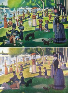 two paintings depicting people in the park with dogs