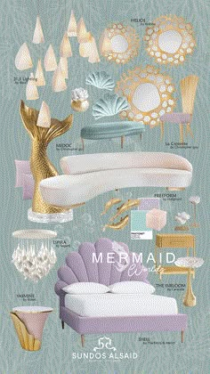 a poster with different types of furniture and decor in gold, blue, pink and white