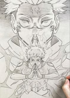 a drawing of an anime character with his eyes closed and one hand holding the other