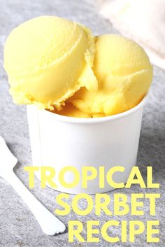 two scoops of tropical sorbet in a white cup with the words tropical sorbet recipe