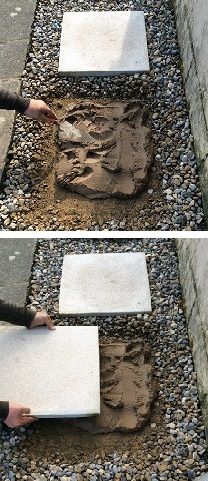 two pictures showing how to place concrete blocks in the ground with rocks and gravel around them