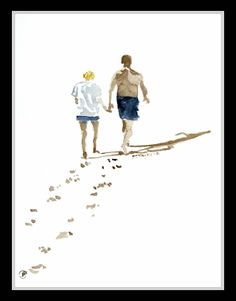 two people walking up a hill with footprints on the ground and one person holding hands