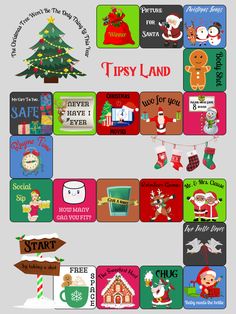 a poster with different types of christmas decorations on it's sides and the words tipsy land