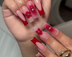 Handcrafted Luxurious Wedding Press-on Nails Red & Gold Indian-inspired With Jewel Diamond Accents - Etsy Nails Acrylic Trendy 2024, Romantic Nails Acrylic, Red Nail Inspo Square, Classy Nails Ombre, Nails Gold Charms, Red Nails Classy, Nails Acrylic Aesthetic, Nail Cover, Nails Flower