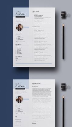 two professional resume templates, one in blue and the other in white with a pencil on