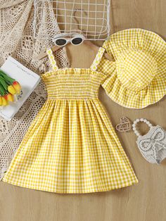 Young Girl Sunflower Applique Sweet Dress With Hat, Perfect Outfit For Amusement Park And Garden Yellow Casual  Sleeveless Woven Fabric Gingham Cami Non-Stretch  Young Girls Clothing, size features are:Bust: ,Length: ,Sleeve Length: Sunflower Applique, Amusement Park Outfit, Dress With Hat, Sundress Outfit, Cute Sundress, Yellow Sundress, Girls Sundress, Summer Style Guide, Party Fits