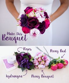 the bride's bouquet is labeled in purple and pink flowers