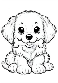 a puppy with a bone in its mouth sitting down and looking at the camera coloring page