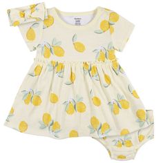 Our adorable three-piece dress sets are the perfect spring and summer outfit. Each lemon print set is made with soft cotton fabrics that she will adore. Our essentials have been independently certified with STANDARD 100 by OEKO-TEX so that you don't have to worry about harmful substances in your baby's wardrobe. Baby Size Chart, Headband Outfit, Dress Sets, Baby Boy Onesies, Baby Pajamas, Lemon Dress, Lemon Print, Toddler Boy Outfits, Toddler Girl Dresses