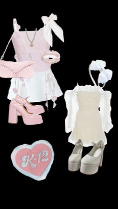 a doll's clothes and accessories are arranged on a black background with a heart