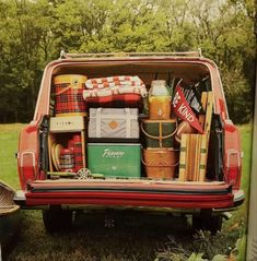 an old red truck filled with lots of luggage sitting on top of a lush green field