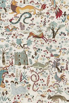 an intricately designed wallpaper with animals and plants