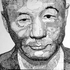 a drawing of a man's face is shown in black and white, with multiple images on it